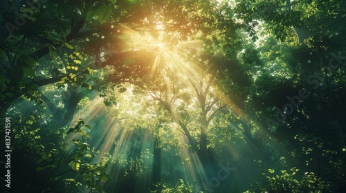 Sunlight Filtering Through Forest Canopy. Sunlight beams through the dense forest canopy  creating a magical and serene atmosphere in the woods.