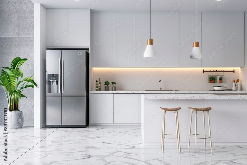 Modern energy-efficient refrigerator in a minimalist kitchen setting