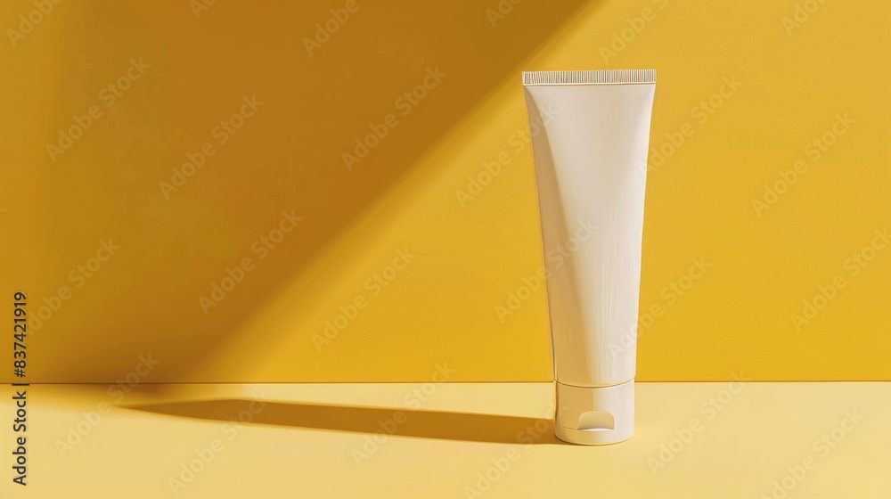 Photo of A tube of cream on an orange background, mockup template for branding presentation. Mockup solar cream.