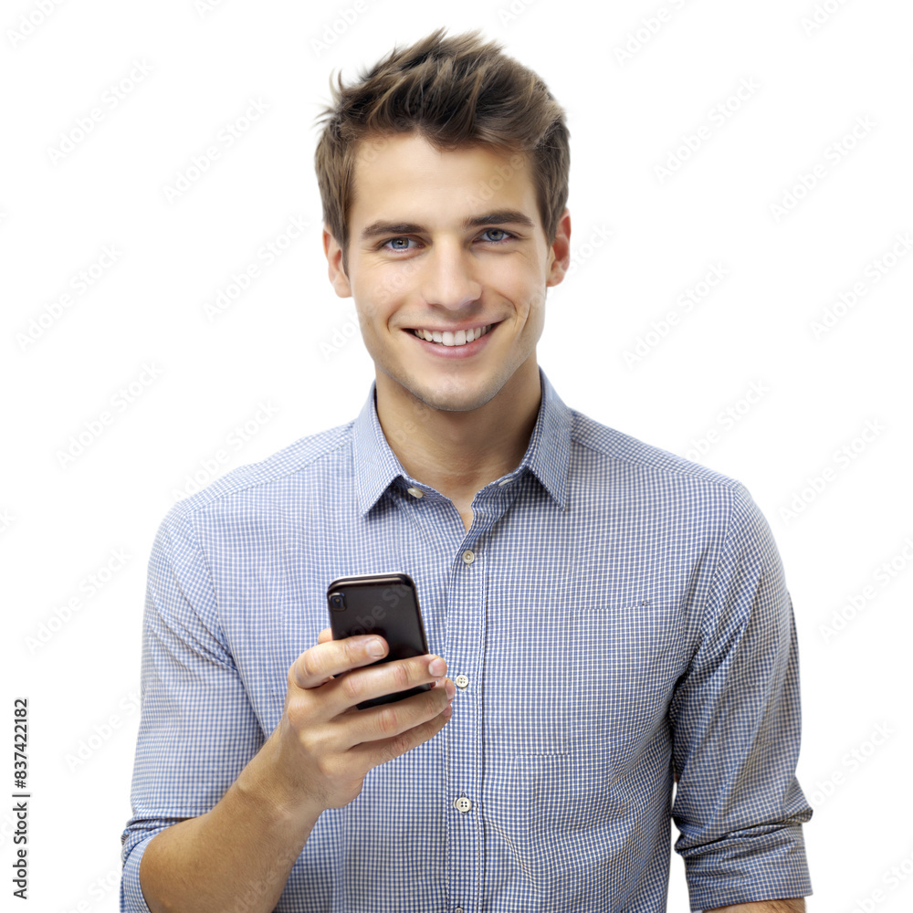 Smiling Man Using Smartphone in Blue Plaid Shirt Smiling Man Using Smartphone in Blue Plaid Shirt