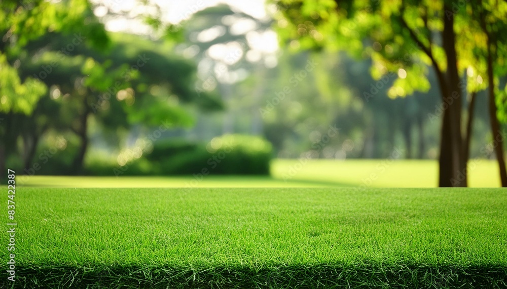 Fototapeta premium Green grass in the foreground, blurred garden background