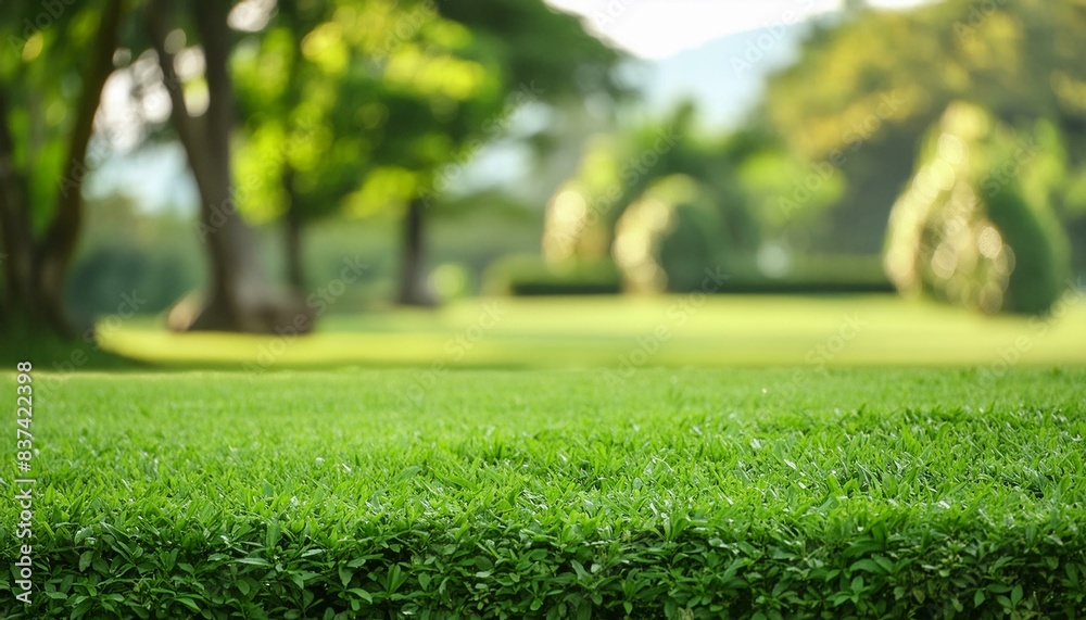 Naklejka premium Green grass in the foreground, blurred garden background