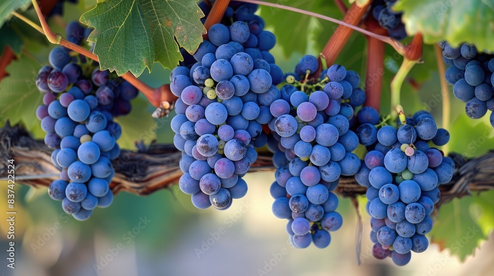 Naklejka premium Vibrant image of a cluster of plump Shiraz grapes hanging elegantly from the vine