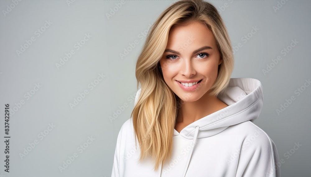 Young woman in white hoodie with space for text Young woman in white hoodie with space for text