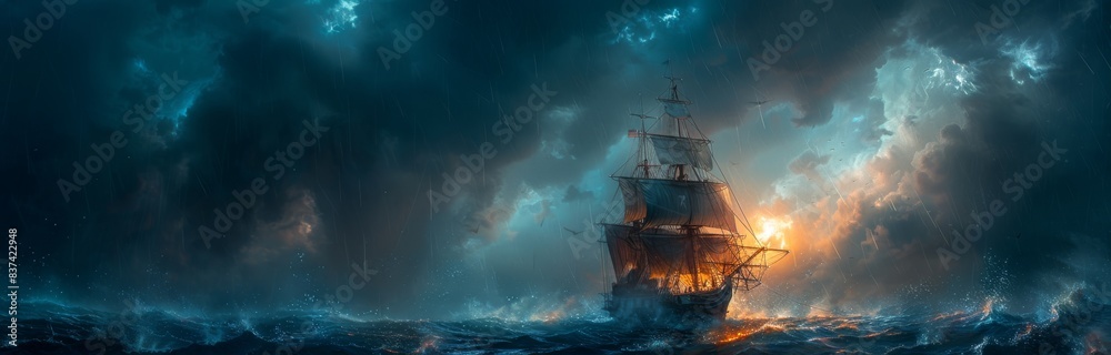Old sailing ship navigating through a stormy sea. Concept of adventure and exploration. Banner with copy space Old sailing ship navigating through a stormy sea. Concept of adventure and exploration. Banner with copy space