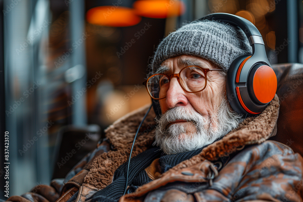 Elderly man wearing headphones, relaxing in a cozy indoor setting Elderly man wearing headphones, relaxing in a cozy indoor setting