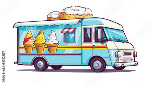 Sticker cartoon with ice cream truck 2d flat cartoo