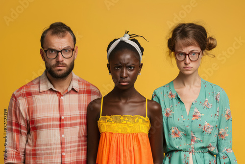 Poor family relationships. The girl in the center (African). On the sides stands the husband and white mother-in-law. Everyone is very angry at each other. photo