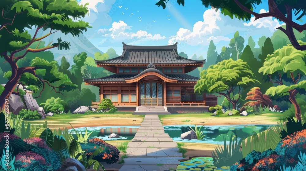 Fototapeta premium Asian classical old fashion house illustration wallpaper background 
