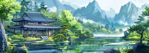 Asian classical old fashion house illustration wallpaper background 