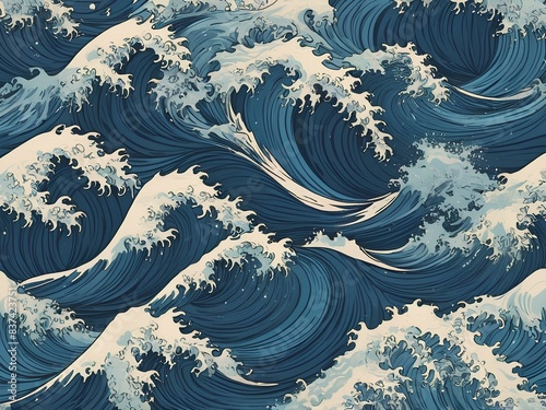 Japanese wave pattern seamless blue pattern with ocean texture.