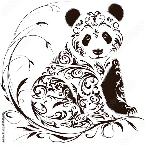 Intricate black and white decorative illustration of a panda adorned with floral and ornamental patterns. Ideal for tattoo designs, artistic prints, and decorative projects.