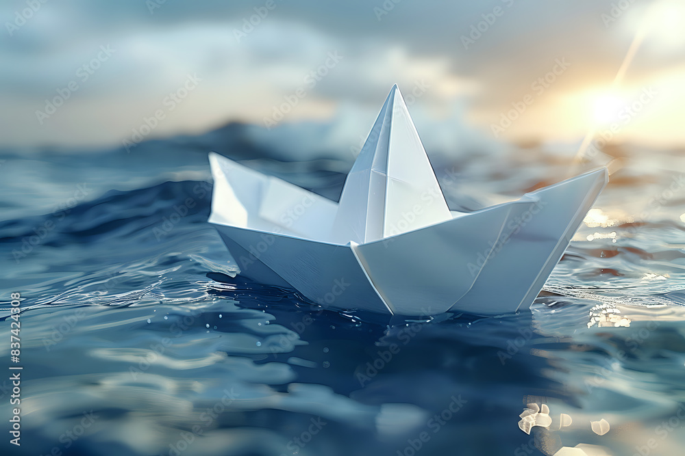 Obraz premium Origami paper boat floating on gentle ocean waves during a serene sunrise, symbolizing simplicity and tranquility. Ideal for art projects, inspirational themes, and nature photography.