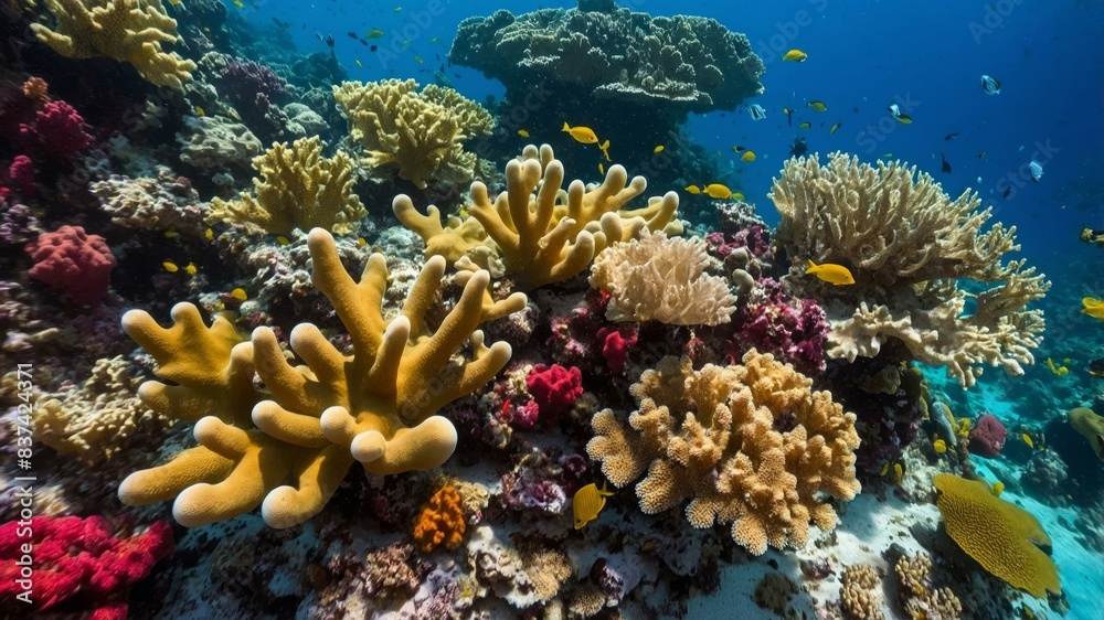 Vibrant underwater coral reef scene with diverse marine life and colorful fish in crystal clear ocean waters Vibrant underwater coral reef scene with diverse marine life and colorful fish in crystal clear ocean waters