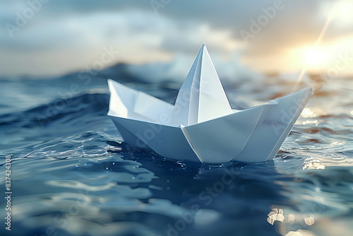 Origami paper boat floating on gentle ocean waves during a serene sunrise  symbolizing simplicity and tranquility. Ideal for art projects  inspirational themes  and nature photography.