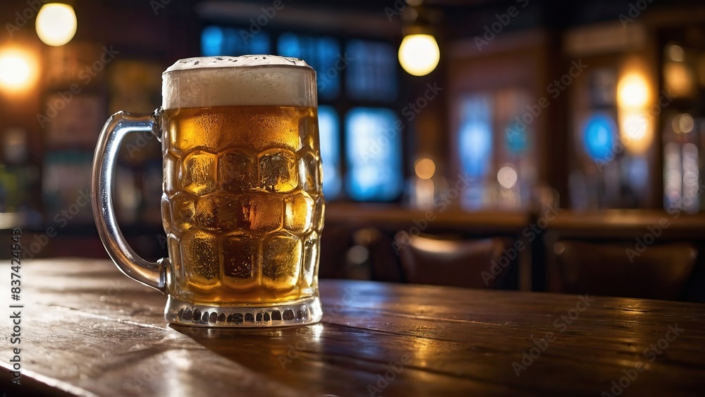 Frosty mug of beer on a hightop table in a bustling, dimly lit bar Frosty mug of beer on a hightop table in a bustling, dimly lit bar