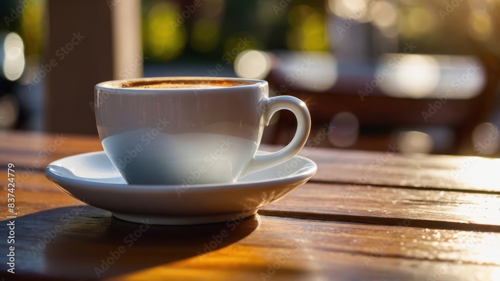 Fototapeta premium White cup of coffee on a sunlit patio table with a warm, inviting atmosphere