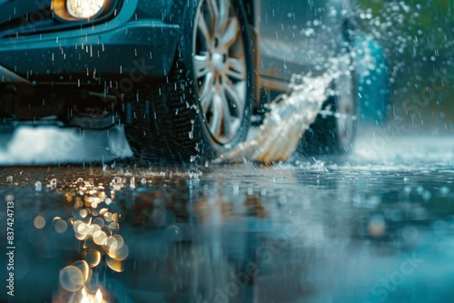 A car with an electric blue exterior is drving through a puddle of water photo