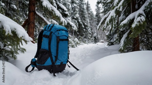 Backpack on a pathway through a snow covered forest, perfect for winter adventures photo