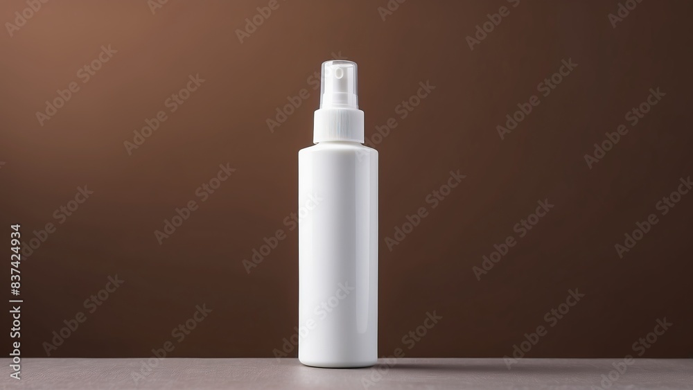 A plain white cosmetic spray bottle on a neutral brown background A plain white cosmetic spray bottle on a neutral brown background