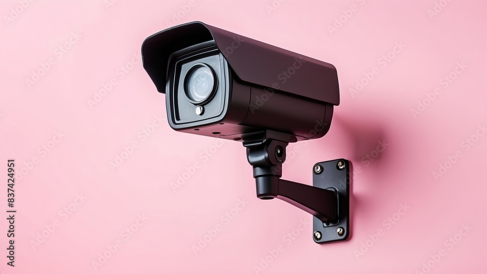 Black CCTV camera on pink background, symbolizing modern surveillance and security Black CCTV camera on pink background, symbolizing modern surveillance and security