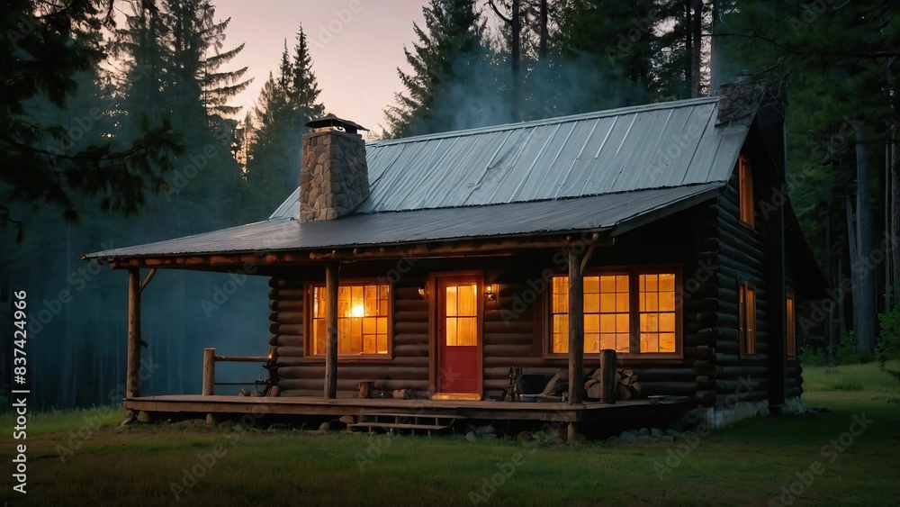 A cozy cabin in the woods with smoke rising, evoking warmth and seclusion, ideal for fall A cozy cabin in the woods with smoke rising, evoking warmth and seclusion, ideal for fall
