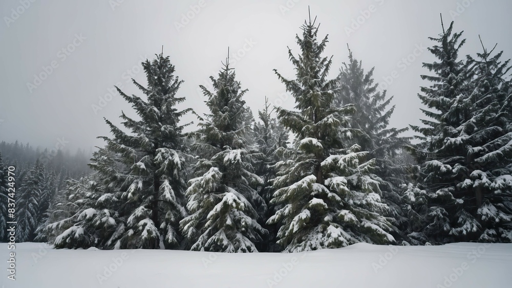Naklejka premium Group of evergreen trees dusted with snow, evoking a peaceful, serene winter scene
