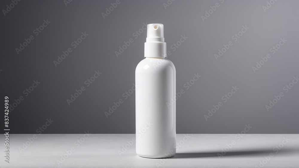 Plain white cosmetic bottle on gray background, ideal for minimalist product designs Plain white cosmetic bottle on gray background, ideal for minimalist product designs