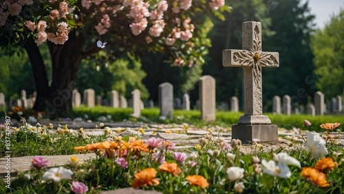 A serene cemetery scene with a stone Christian cross and flowers, symbolizing faith and peace