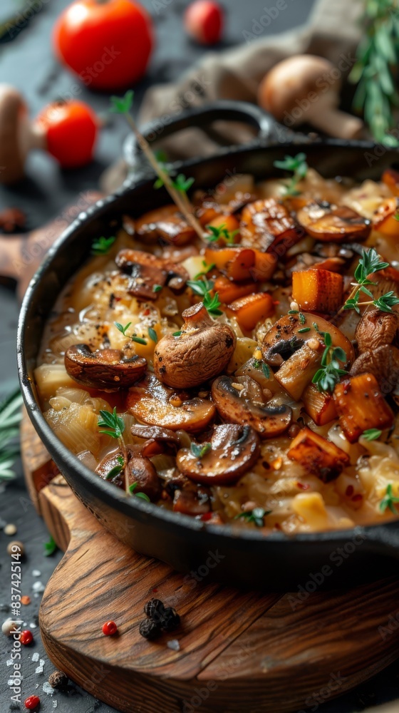 Close-up of mushroom risotto in a cast iron skillet. Food photography with fresh ingredients. Culinary and cooking Close-up of mushroom risotto in a cast iron skillet. Food photography with fresh ingredients. Culinary and cooking