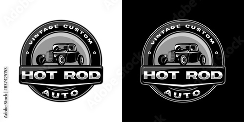 A vintage black hot rod auto shop circular logo illustration.
