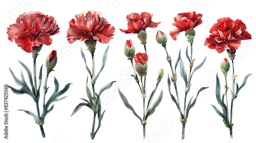 Set of Watercolor red carnation flower isolated on a transparent background. Botanical clipart, hand drawn illustration