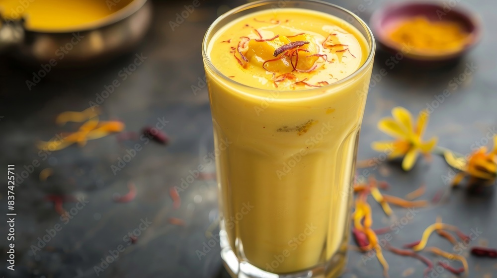 Mango lassi in a tall glass with saffron Mango lassi in a tall glass with saffron