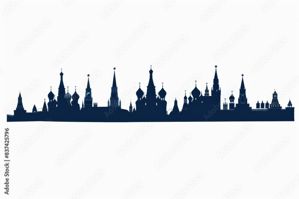 Silhouette of Moscow skyline featuring iconic historic architecture on a white background. Silhouette of Moscow skyline featuring iconic historic architecture on a white background.