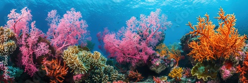 Colorful coral reef - tropical underwater fish at the bottom of the ocean floor with blue water © Steph