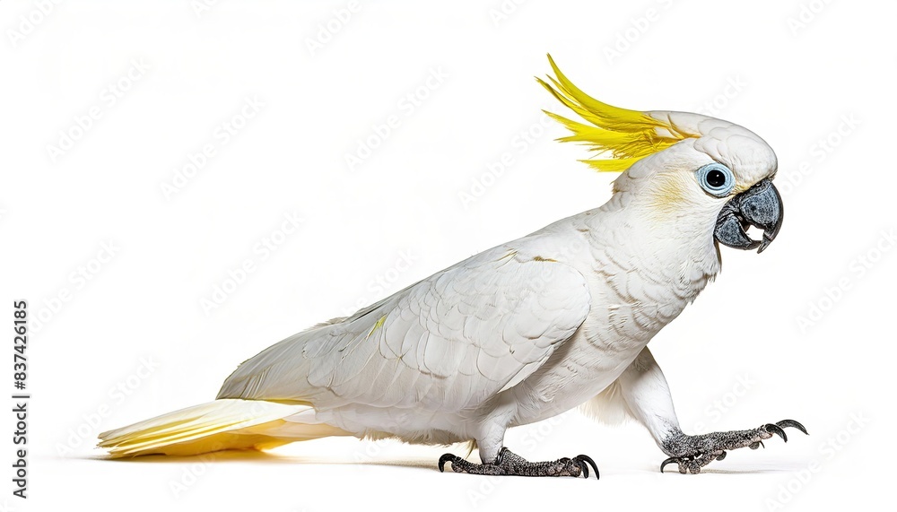 sulphur crested cockatoo - Cacatua galerita - is a relatively large white cockatoo found in wooded habitats in Australia, New Guinea, and some of the islands of Indonesia. isolated on white background sulphur crested cockatoo - Cacatua galerita - is a relatively large white cockatoo found in wooded habitats in Australia, New Guinea, and some of the islands of Indonesia. isolated on white background