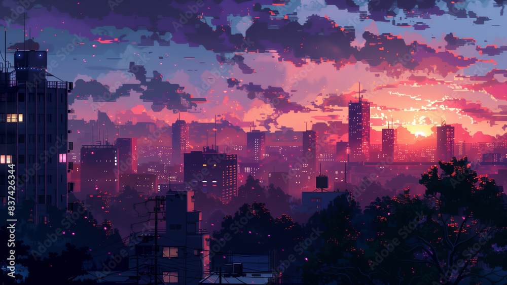 8-Bit Twilight: Anime-Style Evening City Sky Background