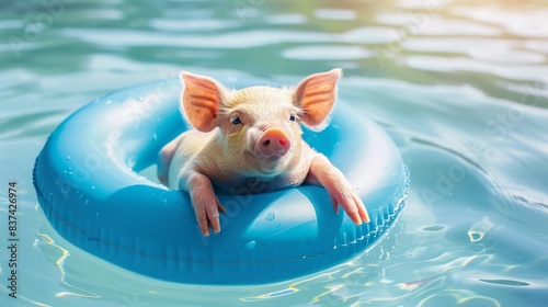 Pig swimming in sea water island coastline concept wallpaper background © Irina