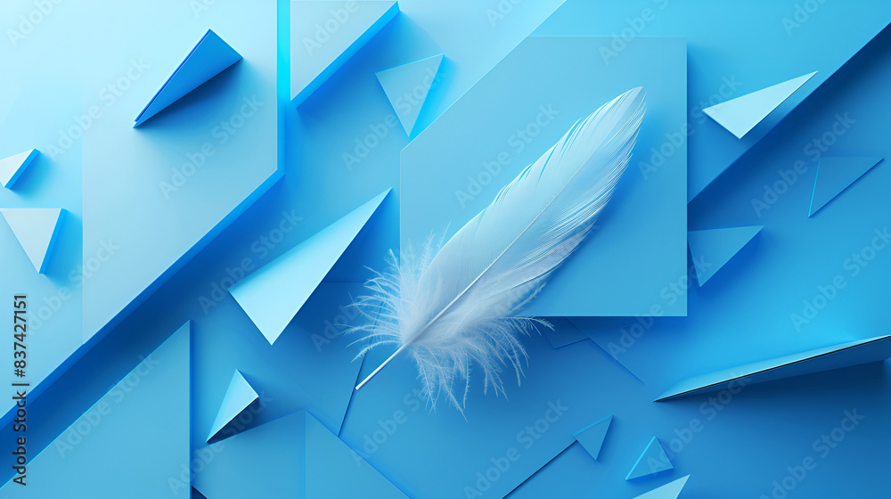 Fototapeta premium Abstract geometric blue background with triangles and rectangles of paper and a light air feather in balance on the edge of the paper edge.