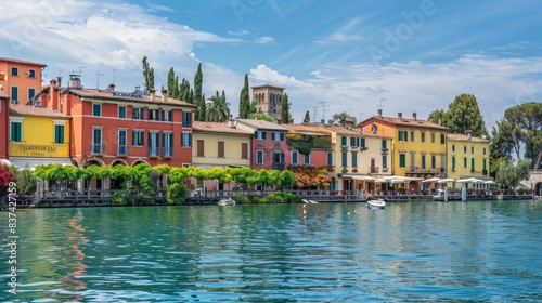 Peschiera del Garda, a picturesque village adorned with colorful houses, nestled along the stunning shores of Lake Lago di Garda in the Verona province of Italy photo