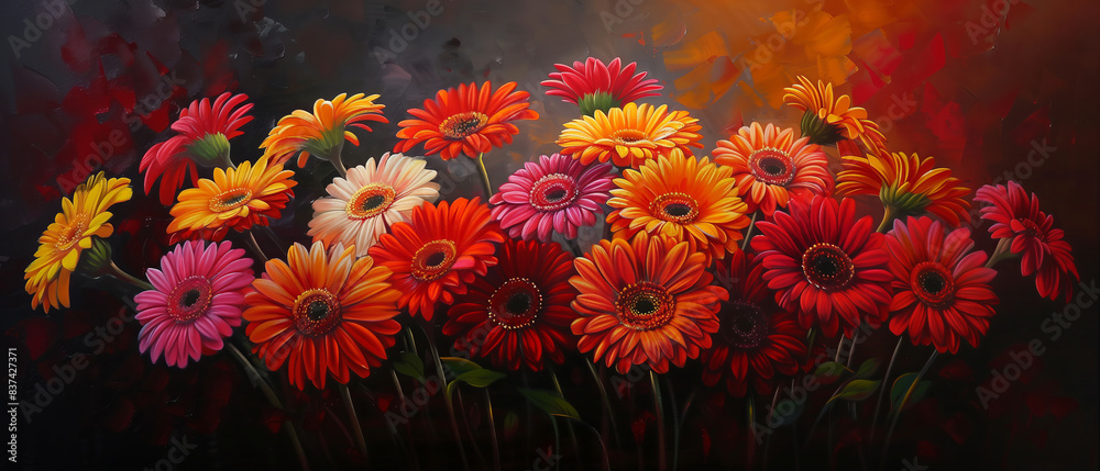 a vibrant bouquet of gerbera daisies, their bold colors and cheerful blooms depicted with lifelike precision against a dark, atmospheric backdrop a vibrant bouquet of gerbera daisies, their bold colors and cheerful blooms depicted with lifelike precision against a dark, atmospheric backdrop