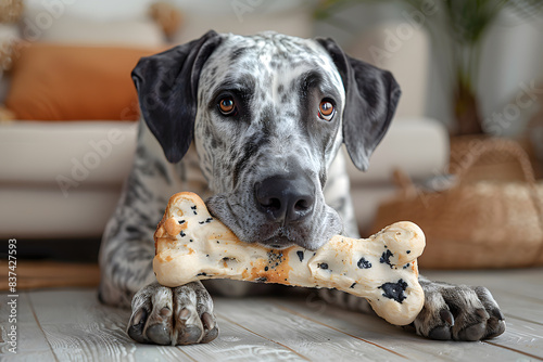 Majestic Great Dane chewing large bone at home in bright living room with neutral walls, light wooden floor, modern sofa, large window letting in sunlight, and the dog looking content and focused.