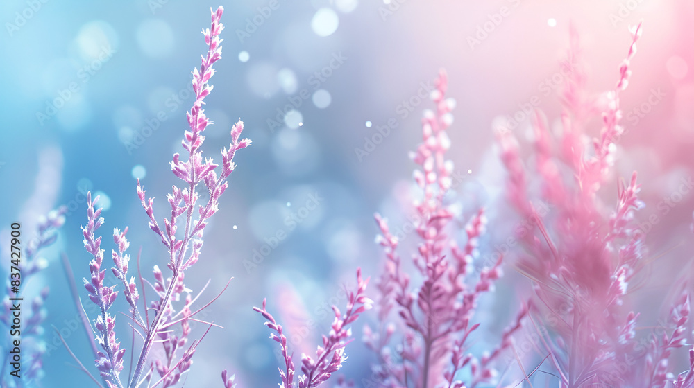 Pastel light colors with an abstract soft translucent atmosphere background. Close-up macro of blooming field grass with pink and blue tones Pastel light colors with an abstract soft translucent atmosphere background. Close-up macro of blooming field grass with pink and blue tones