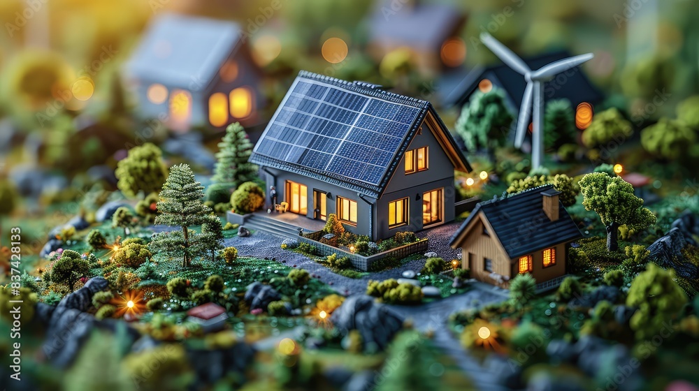 Sustainable Living: Flat Illustration of Solar Panels and Wind Turbines Above Houses with a Simple Background Sustainable Living: Flat Illustration of Solar Panels and Wind Turbines Above Houses with a Simple Background