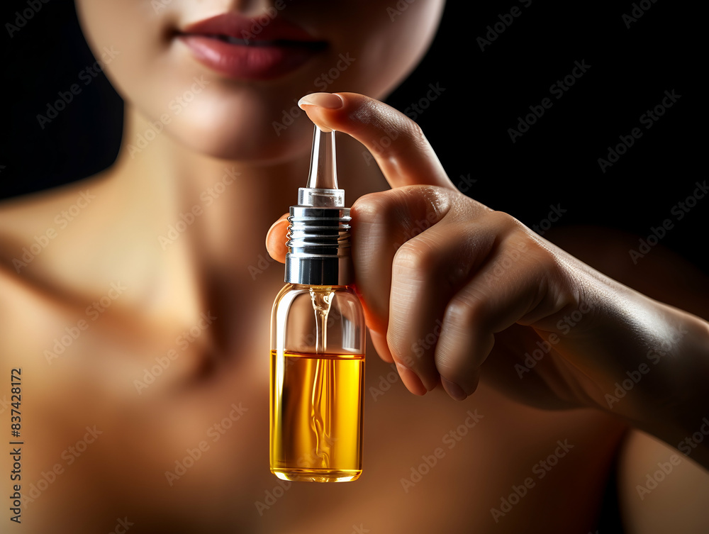 Naklejka premium Woman Dropping Serum on Face. Women's Skin and beauty care, Girl Applying Serum Collagen Moisturizer from Pipette on Face close up. Positive Laughing Beauty Woman Portrait. Concept of Skin Care