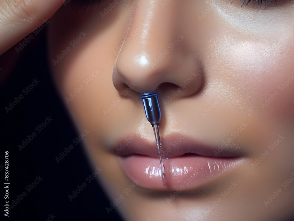 Obraz premium Woman Dropping Serum on Face. Women's Skin and beauty care, Girl Applying Serum Collagen Moisturizer from Pipette on Face close up. Positive Laughing Beauty Woman Portrait. Concept of Skin Care