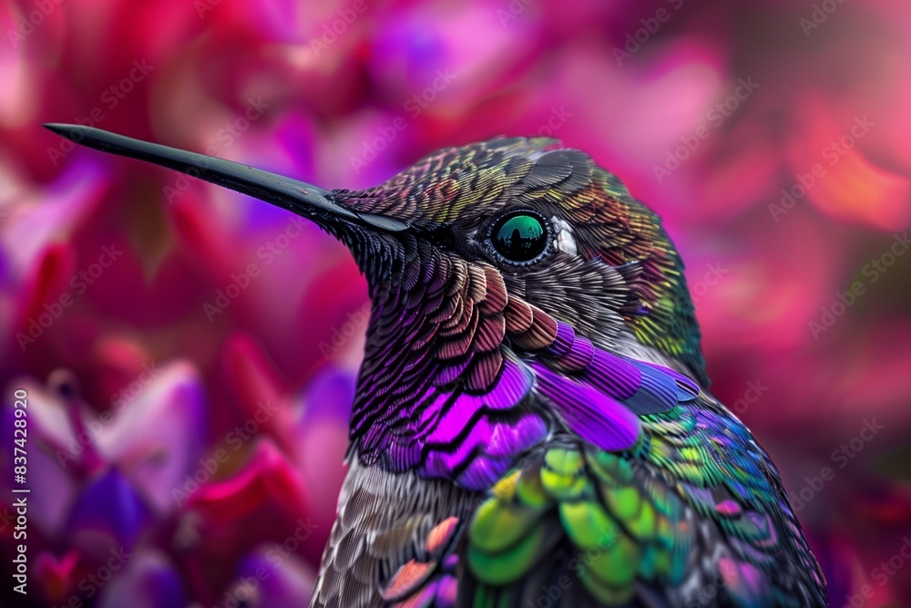 AI-generated illustration of a vibrant bird against a red and pink flower AI-generated illustration of a vibrant bird against a red and pink flower