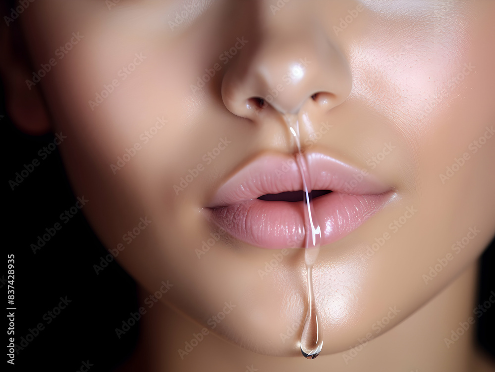 Obraz premium Woman Dropping Serum on Face. Women's Skin and beauty care, Girl Applying Serum Collagen Moisturizer from Pipette on Face close up. Positive Laughing Beauty Woman Portrait. Concept of Skin Care