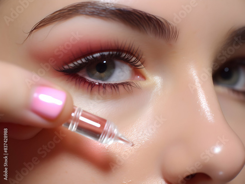 Woman Dropping Serum on Face. Women's Skin and beauty care, Girl Applying Serum Collagen Moisturizer from Pipette on Face close up. Positive Laughing Beauty Woman Portrait. Concept of Skin Care