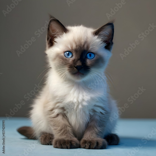 An image showcasing the fluffy Siamese kitten in the center of the frame, with its mesmerizing pale blue eyes